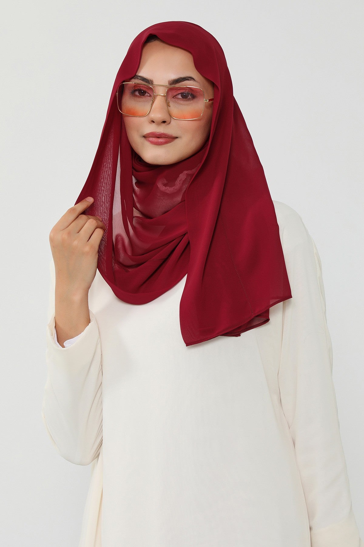 Instant Chiffon Scarf with Sewn Cotton Undercap Bonnet, Practical One Piece Hijab for Women, No Pin Head Covering,PS-51 Maroon