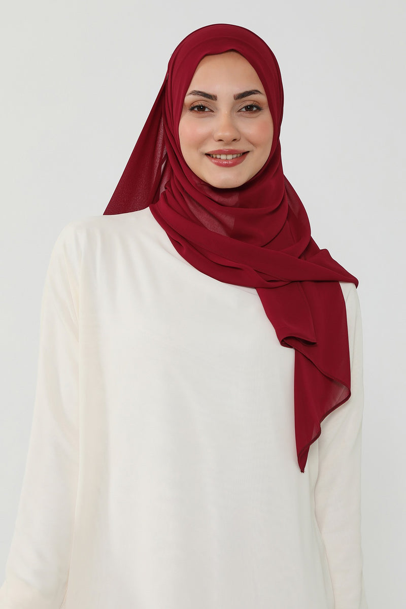 Instant Chiffon Scarf with Sewn Cotton Undercap Bonnet, Practical One Piece Hijab for Women, No Pin Head Covering,PS-51 Maroon