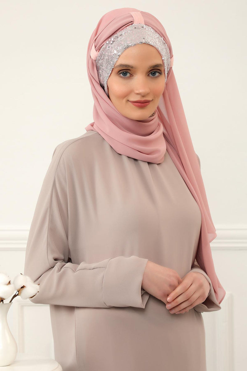 Instant Chiffon Shawl Elegant Ready to Wear Turban Head Wrap Scarf with Sequin Front Band,PBS-1P