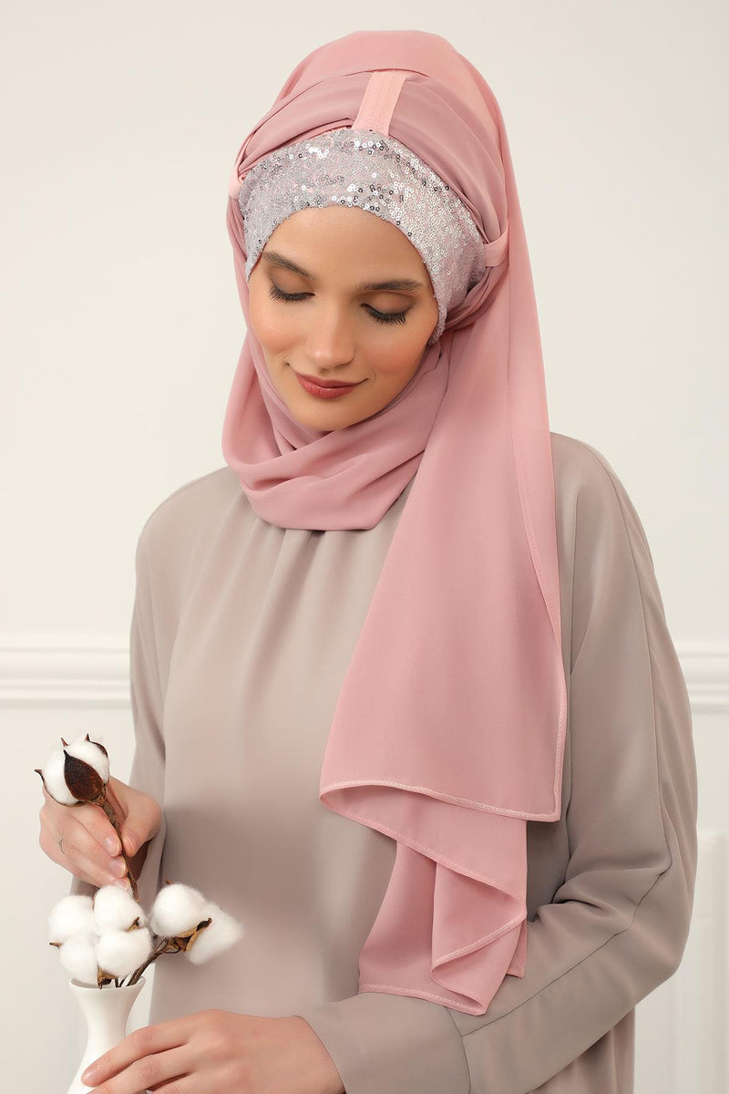 Instant Chiffon Shawl Elegant Ready to Wear Turban Head Wrap Scarf with Sequin Front Band,PBS-1P