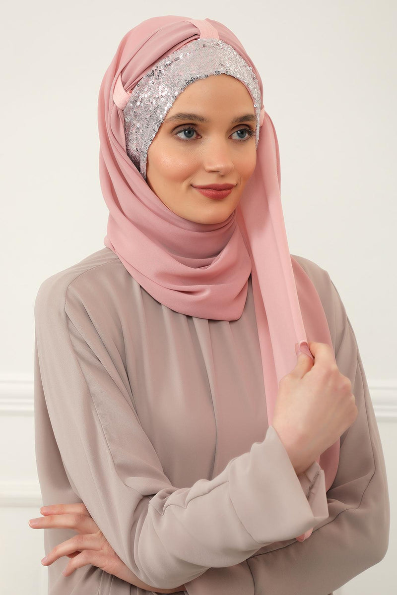 Instant Chiffon Shawl Elegant Ready to Wear Turban Head Wrap Scarf with Sequin Front Band,PBS-1P
