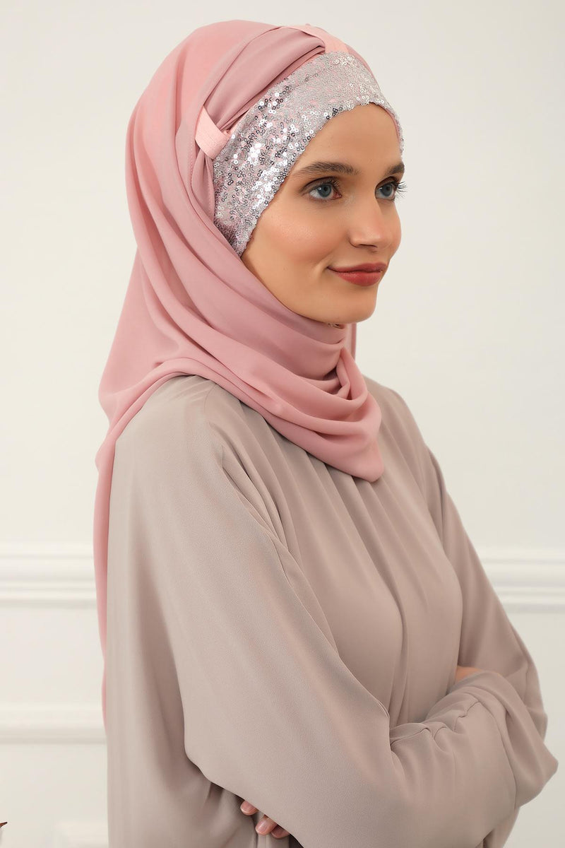 Instant Chiffon Shawl Elegant Ready to Wear Turban Head Wrap Scarf with Sequin Front Band,PBS-1P