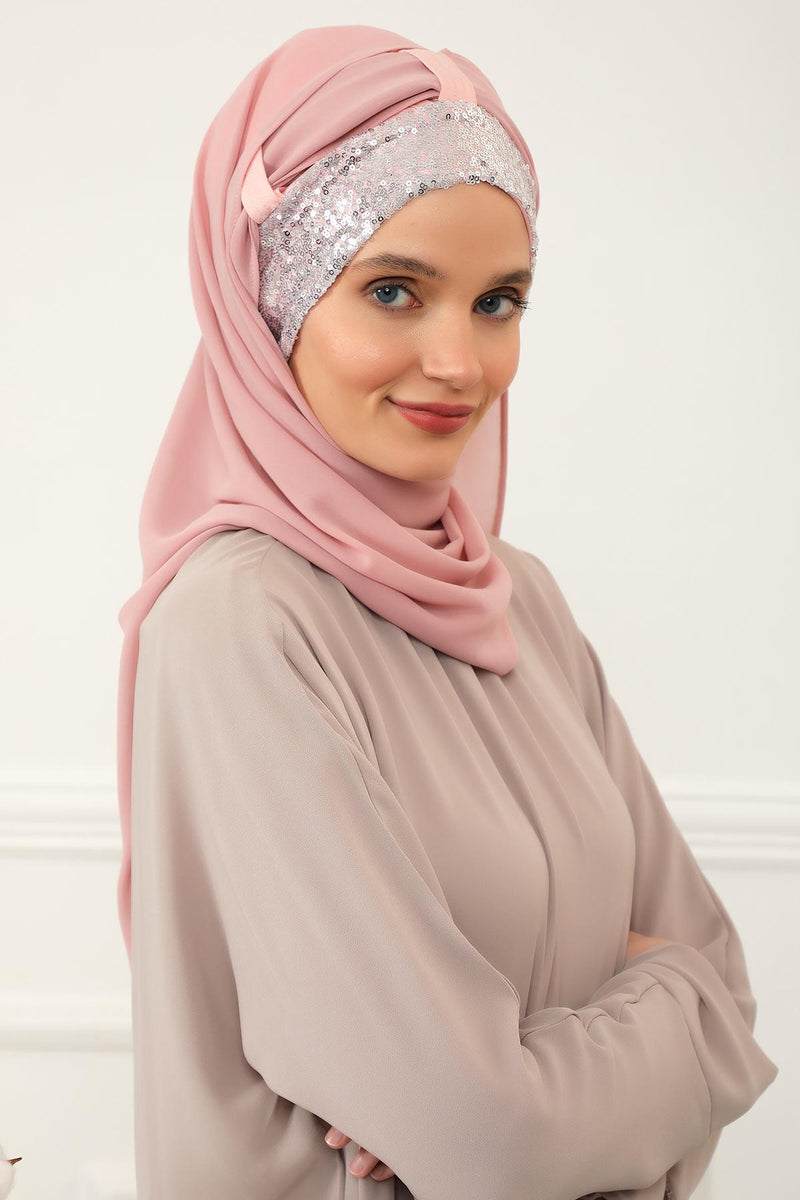 Instant Chiffon Shawl Elegant Ready to Wear Turban Head Wrap Scarf with Sequin Front Band,PBS-1P