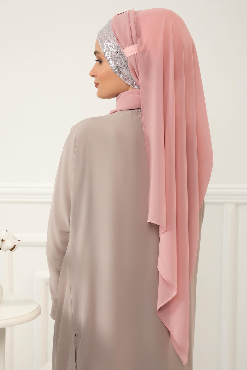 Instant Chiffon Shawl Elegant Ready to Wear Turban Head Wrap Scarf with Sequin Front Band,PBS-1P