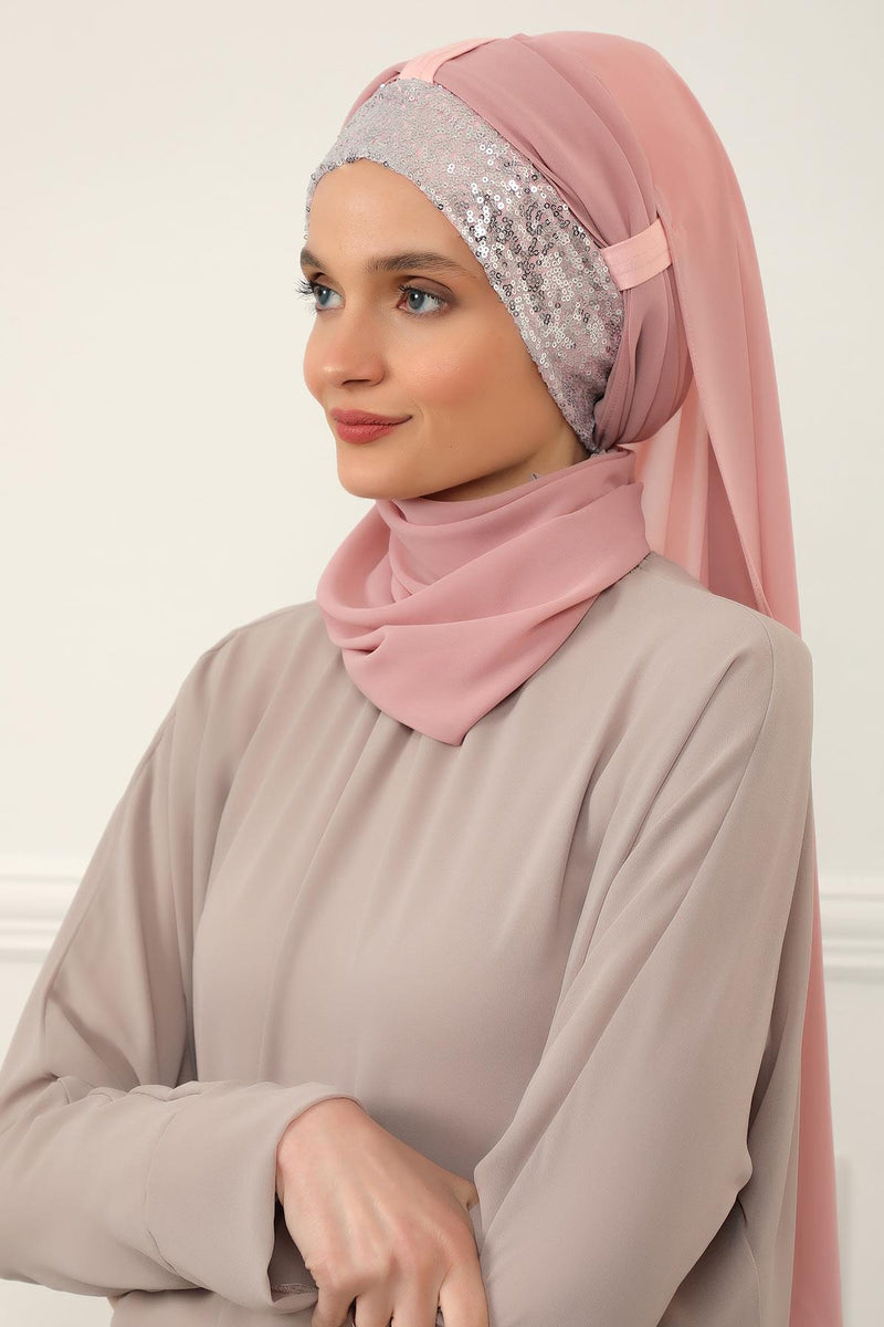 Instant Chiffon Shawl Elegant Ready to Wear Turban Head Wrap Scarf with Sequin Front Band,PBS-1P