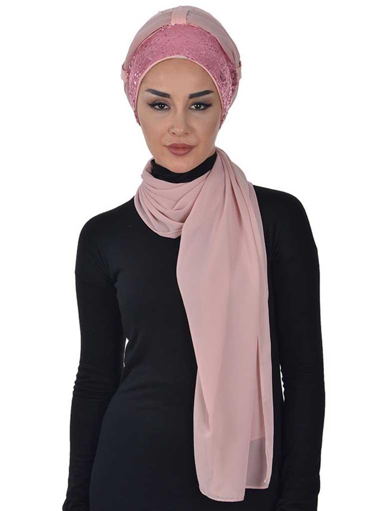 Instant Chiffon Shawl Elegant Ready to Wear Turban Head Wrap Scarf with Sequin Front Band,PBS-1P