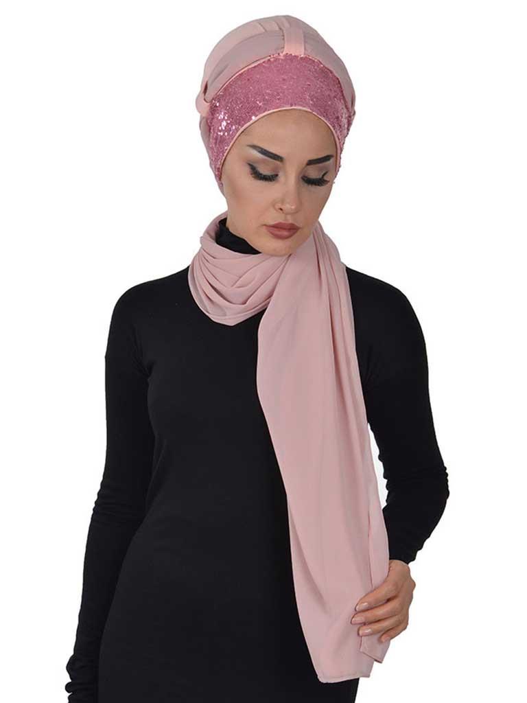 Instant Chiffon Shawl Elegant Ready to Wear Turban Head Wrap Scarf with Sequin Front Band,PBS-1P