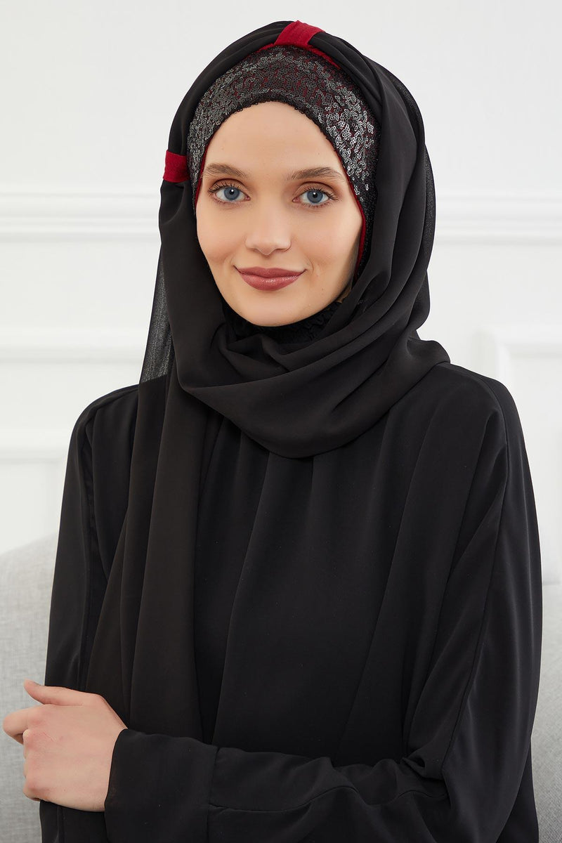 Instant Chiffon Shawl Elegant Ready to Wear Turban Head Wrap Scarf with Sequin Front Band,PBS-1P