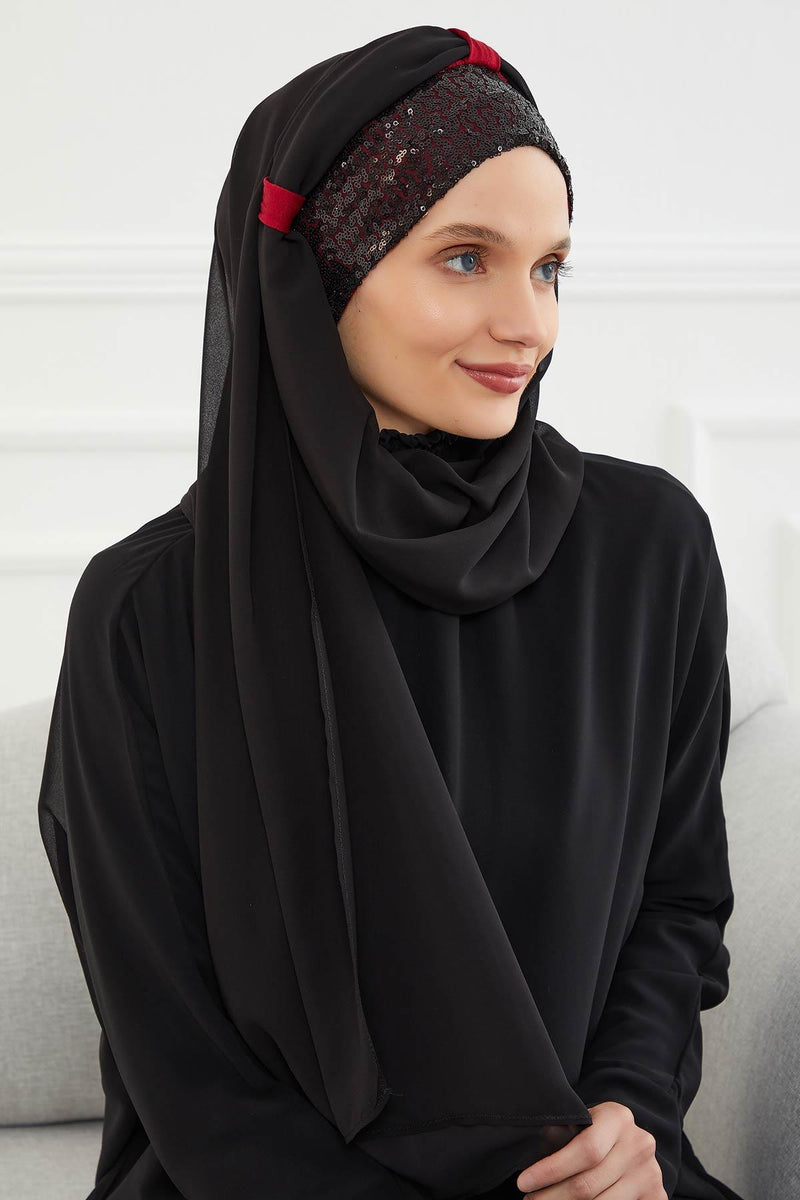 Instant Chiffon Shawl Elegant Ready to Wear Turban Head Wrap Scarf with Sequin Front Band,PBS-1P