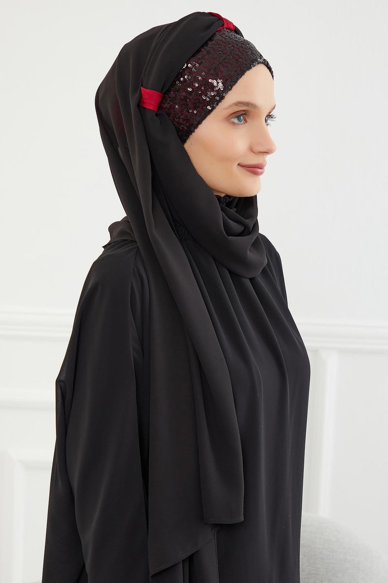 Instant Chiffon Shawl Elegant Ready to Wear Turban Head Wrap Scarf with Sequin Front Band,PBS-1P