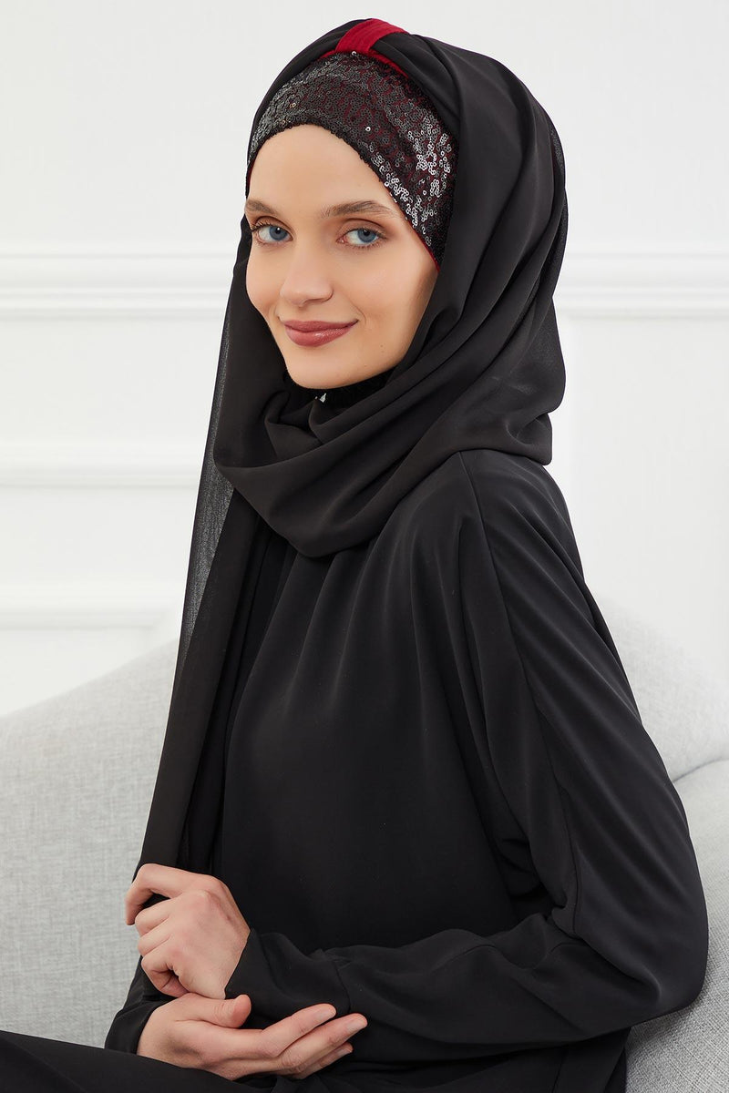 Instant Chiffon Shawl Elegant Ready to Wear Turban Head Wrap Scarf with Sequin Front Band,PBS-1P