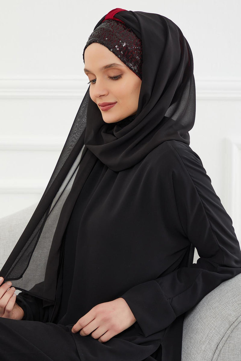 Instant Chiffon Shawl Elegant Ready to Wear Turban Head Wrap Scarf with Sequin Front Band,PBS-1P