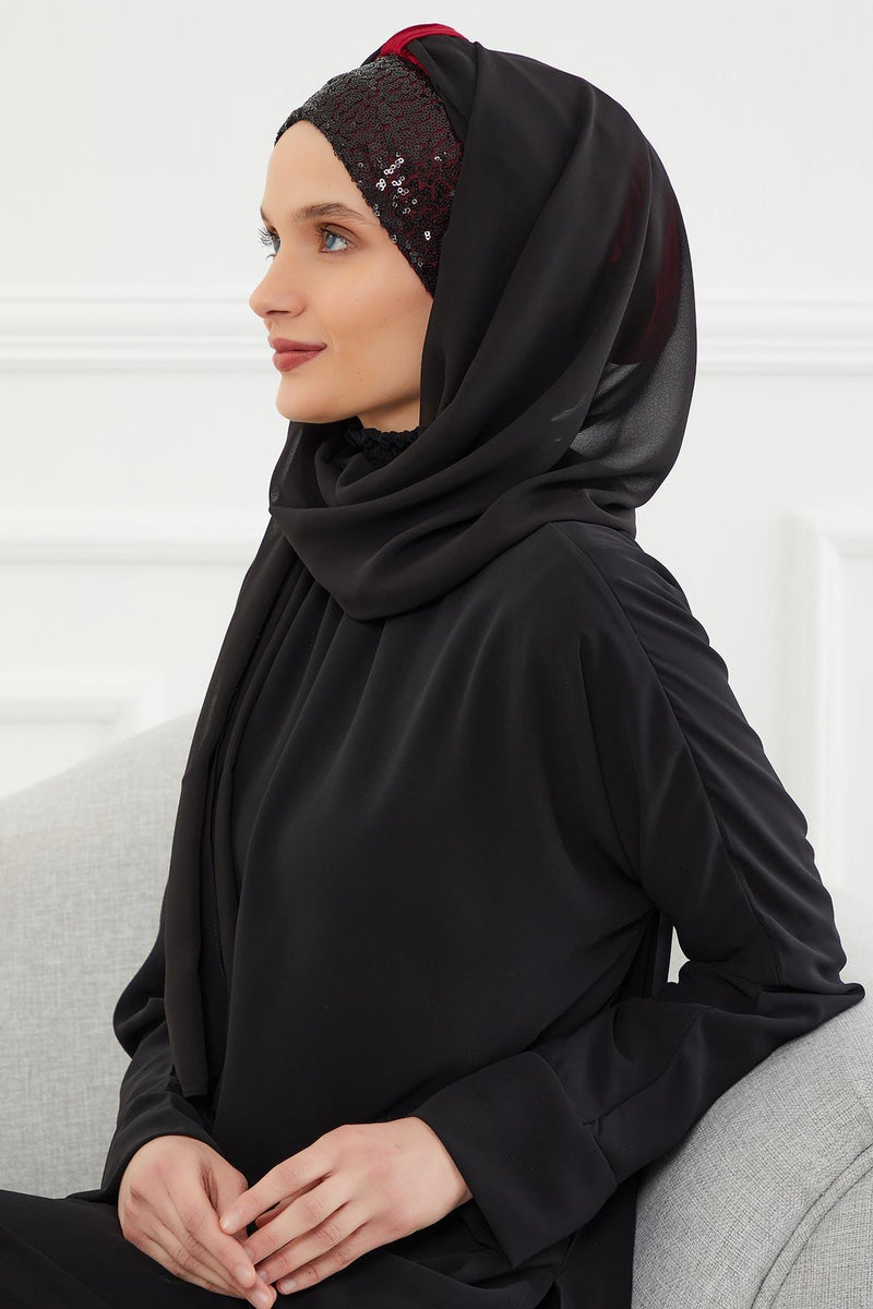 Instant Chiffon Shawl Elegant Ready to Wear Turban Head Wrap Scarf with Sequin Front Band,PBS-1P