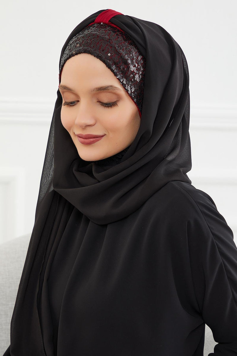 Instant Chiffon Shawl Elegant Ready to Wear Turban Head Wrap Scarf with Sequin Front Band,PBS-1P