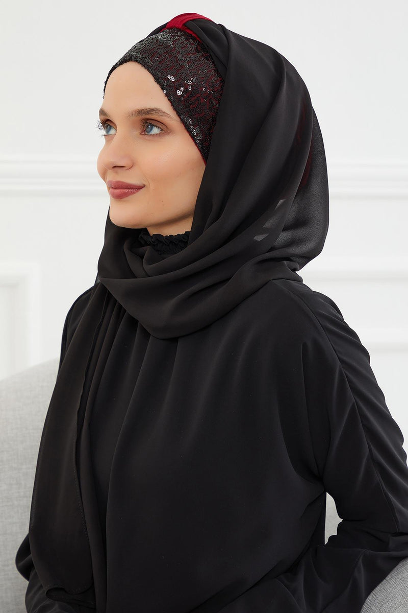 Instant Chiffon Shawl Elegant Ready to Wear Turban Head Wrap Scarf with Sequin Front Band,PBS-1P