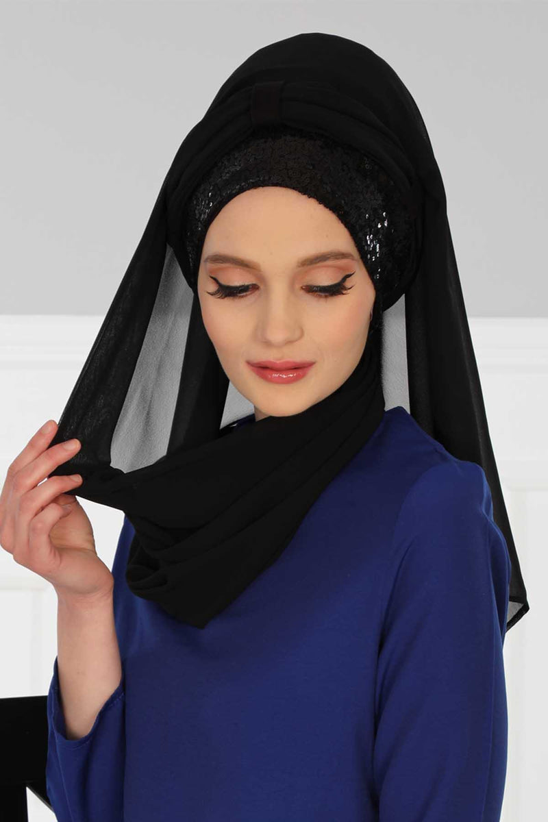Instant Chiffon Shawl Elegant Ready to Wear Turban Head Wrap Scarf with Sequin Front Band,PBS-1P