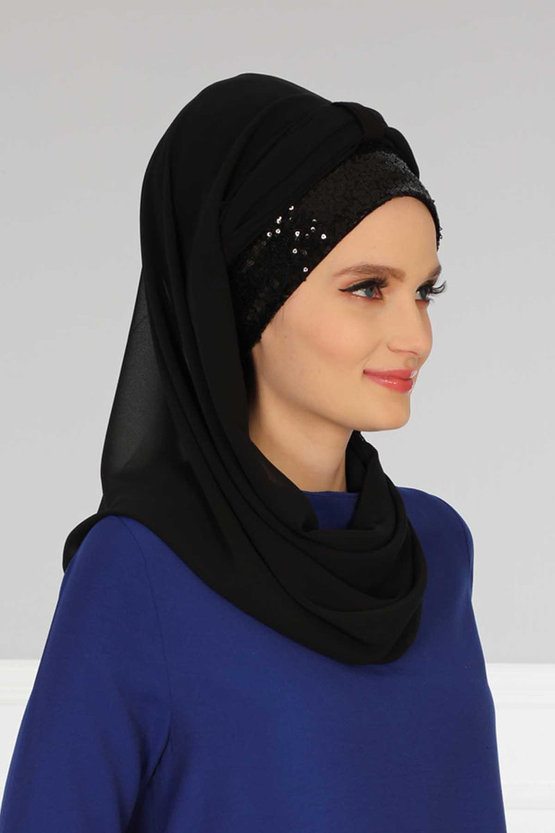 Instant Chiffon Shawl Elegant Ready to Wear Turban Head Wrap Scarf with Sequin Front Band,PBS-1P