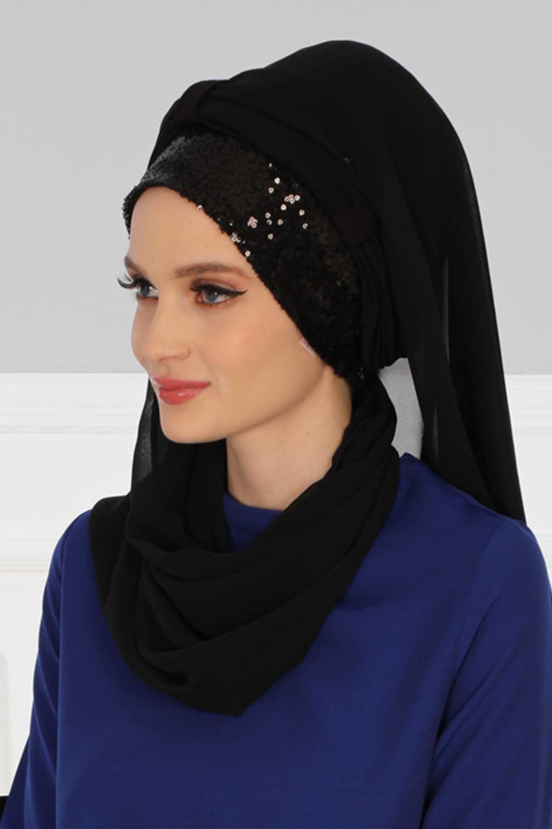 Instant Chiffon Shawl Elegant Ready to Wear Turban Head Wrap Scarf with Sequin Front Band,PBS-1P
