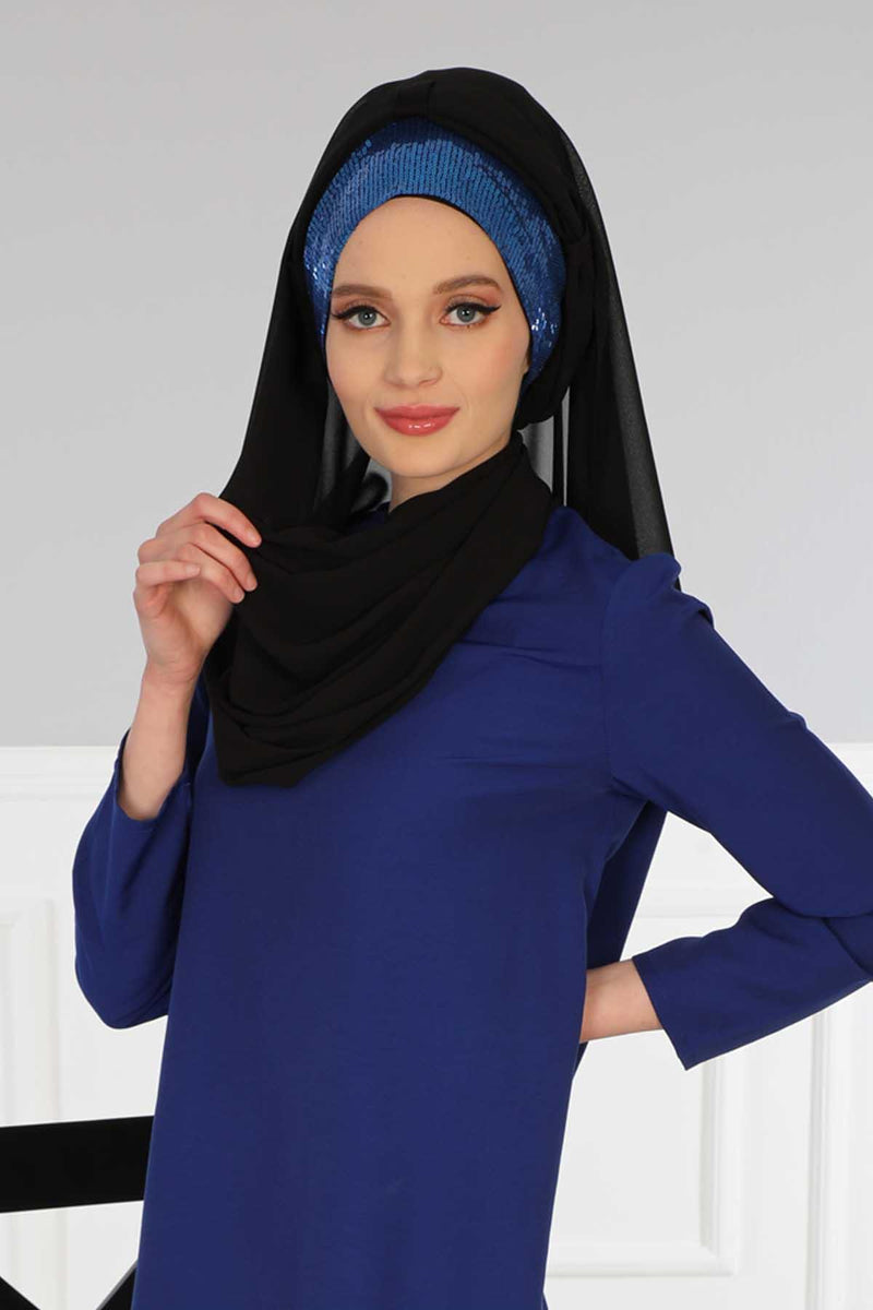 Instant Chiffon Shawl Elegant Ready to Wear Turban Head Wrap Scarf with Sequin Front Band,PBS-1P
