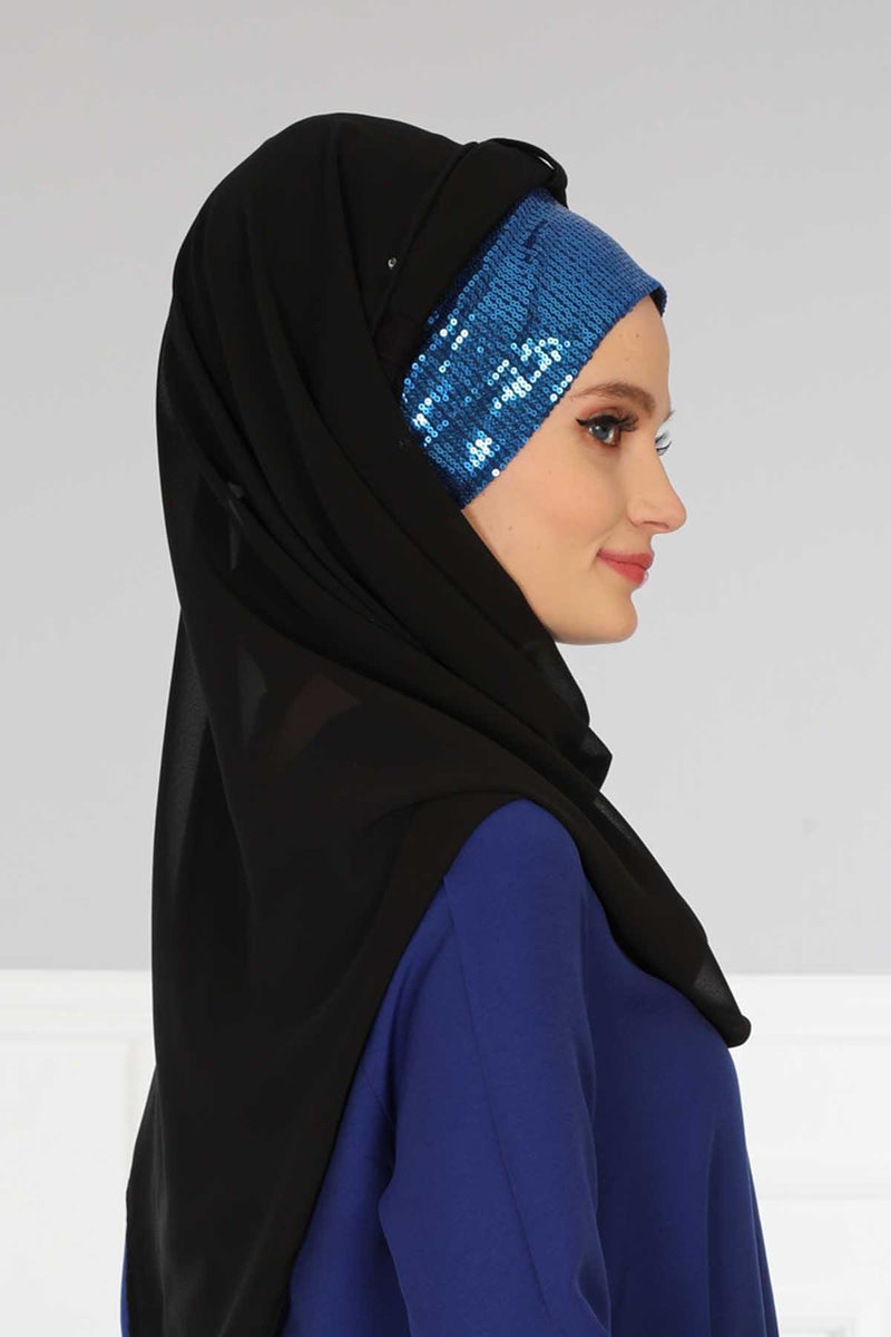 Instant Chiffon Shawl Elegant Ready to Wear Turban Head Wrap Scarf with Sequin Front Band,PBS-1P