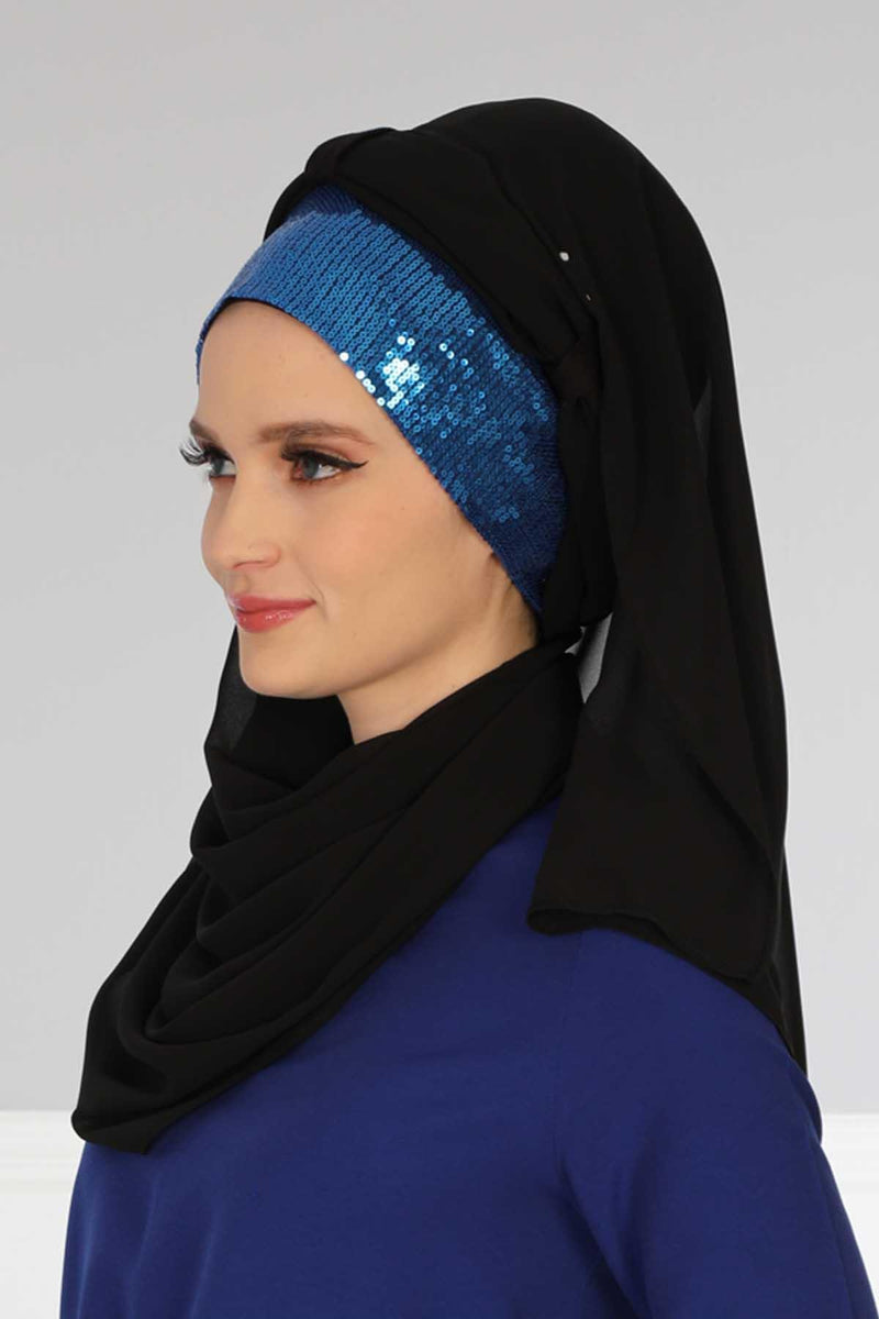 Instant Chiffon Shawl Elegant Ready to Wear Turban Head Wrap Scarf with Sequin Front Band,PBS-1P