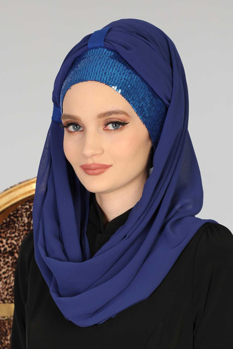 Instant Chiffon Shawl Elegant Ready to Wear Turban Head Wrap Scarf with Sequin Front Band,PBS-1P
