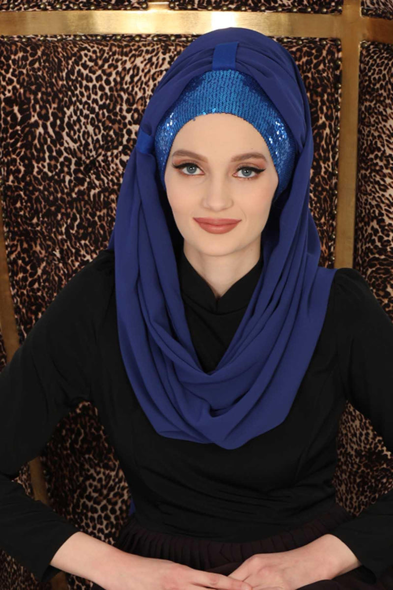 Instant Chiffon Shawl Elegant Ready to Wear Turban Head Wrap Scarf with Sequin Front Band,PBS-1P
