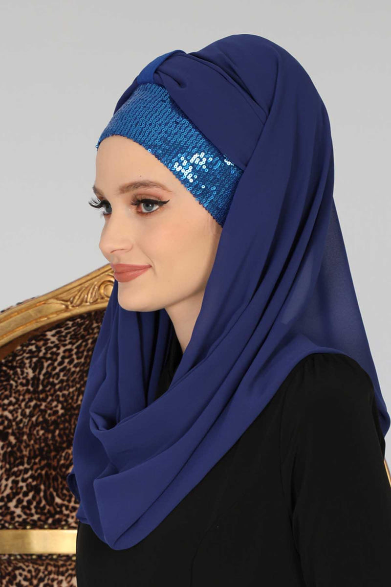 Instant Chiffon Shawl Elegant Ready to Wear Turban Head Wrap Scarf with Sequin Front Band,PBS-1P