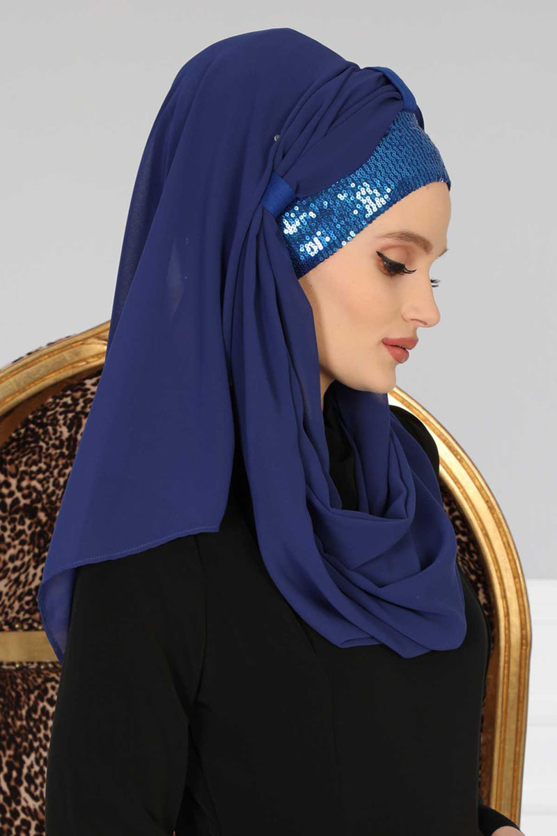 Instant Chiffon Shawl Elegant Ready to Wear Turban Head Wrap Scarf with Sequin Front Band,PBS-1P