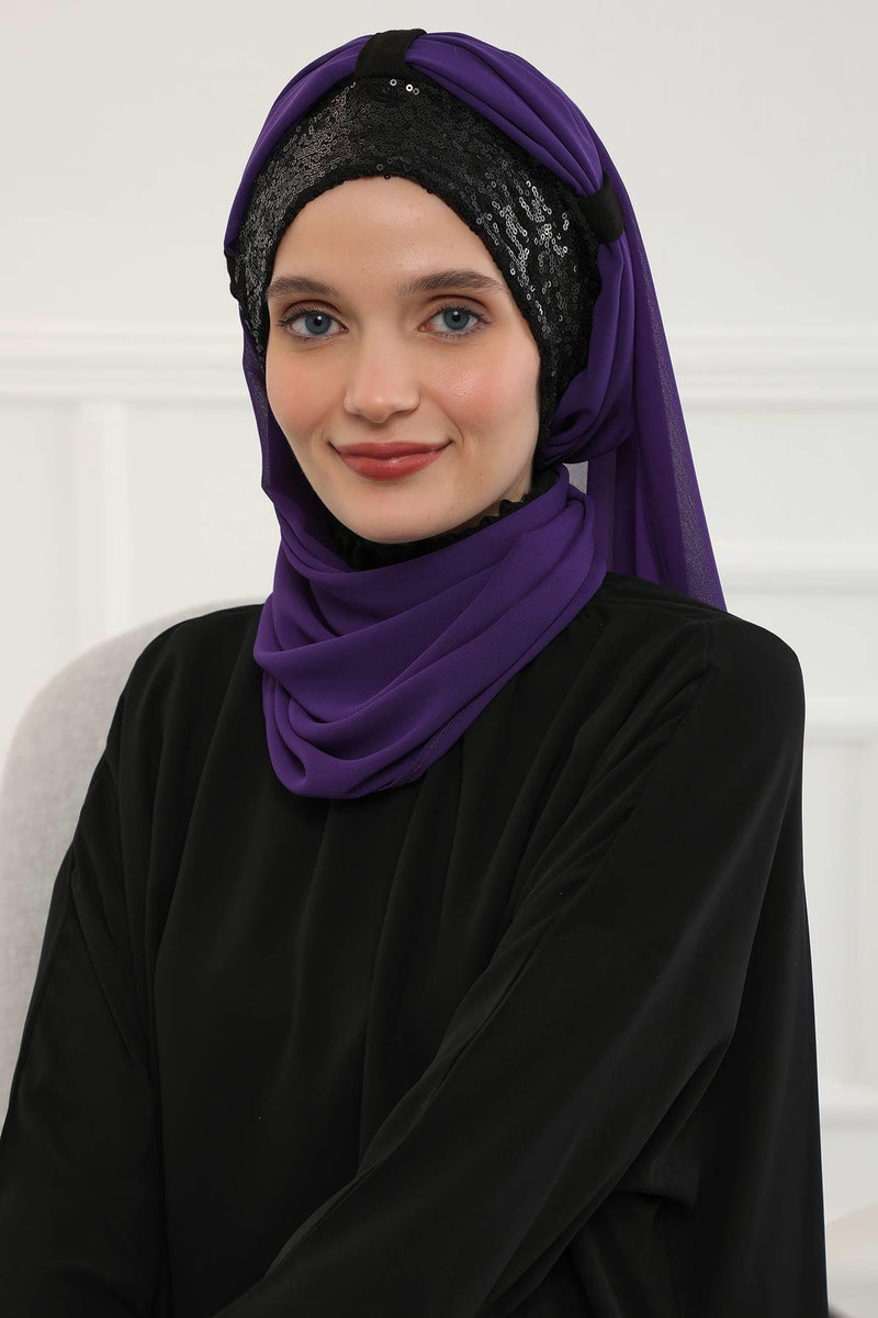 Instant Chiffon Shawl Elegant Ready to Wear Turban Head Wrap Scarf with Sequin Front Band,PBS-1P