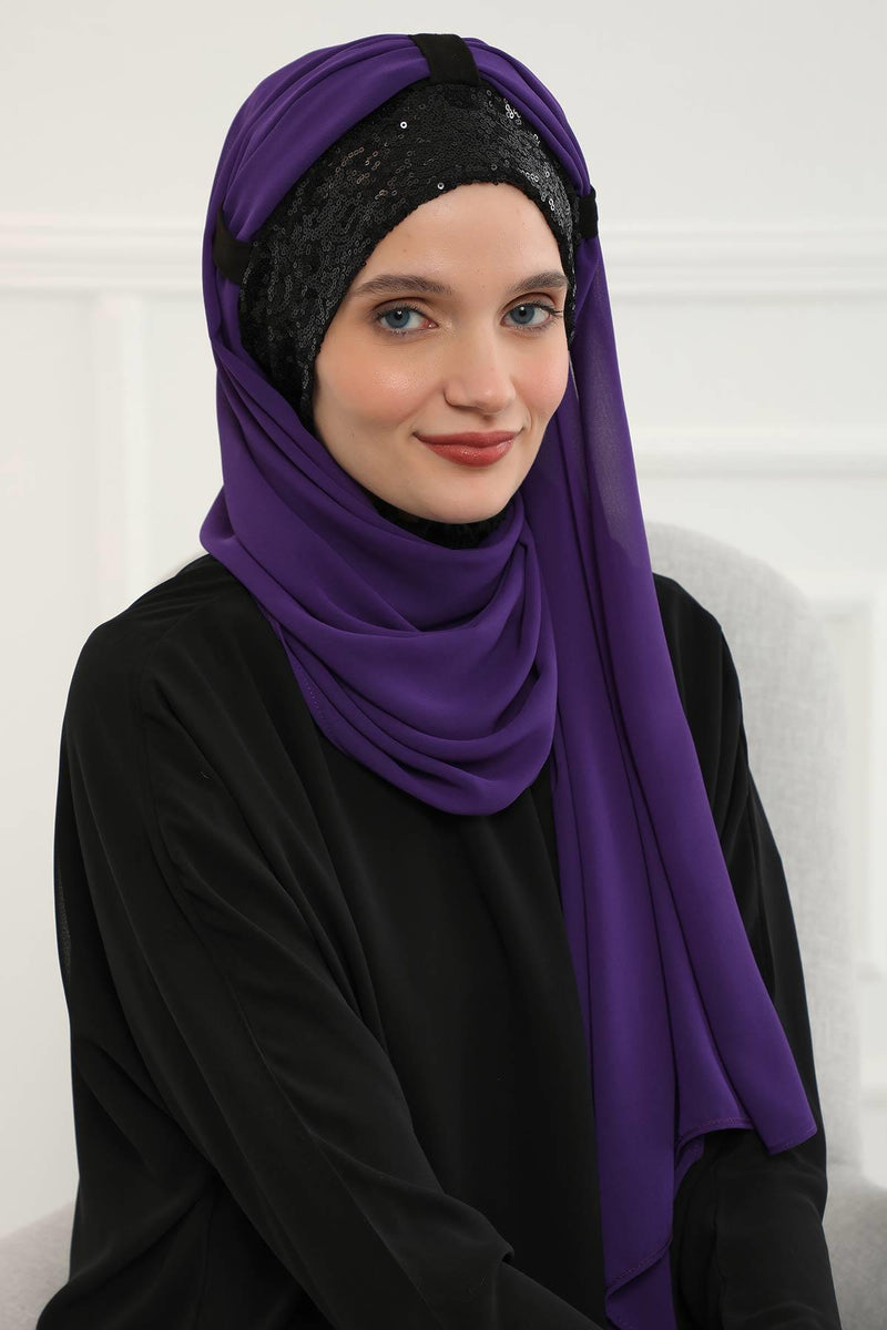 Instant Chiffon Shawl Elegant Ready to Wear Turban Head Wrap Scarf with Sequin Front Band,PBS-1P
