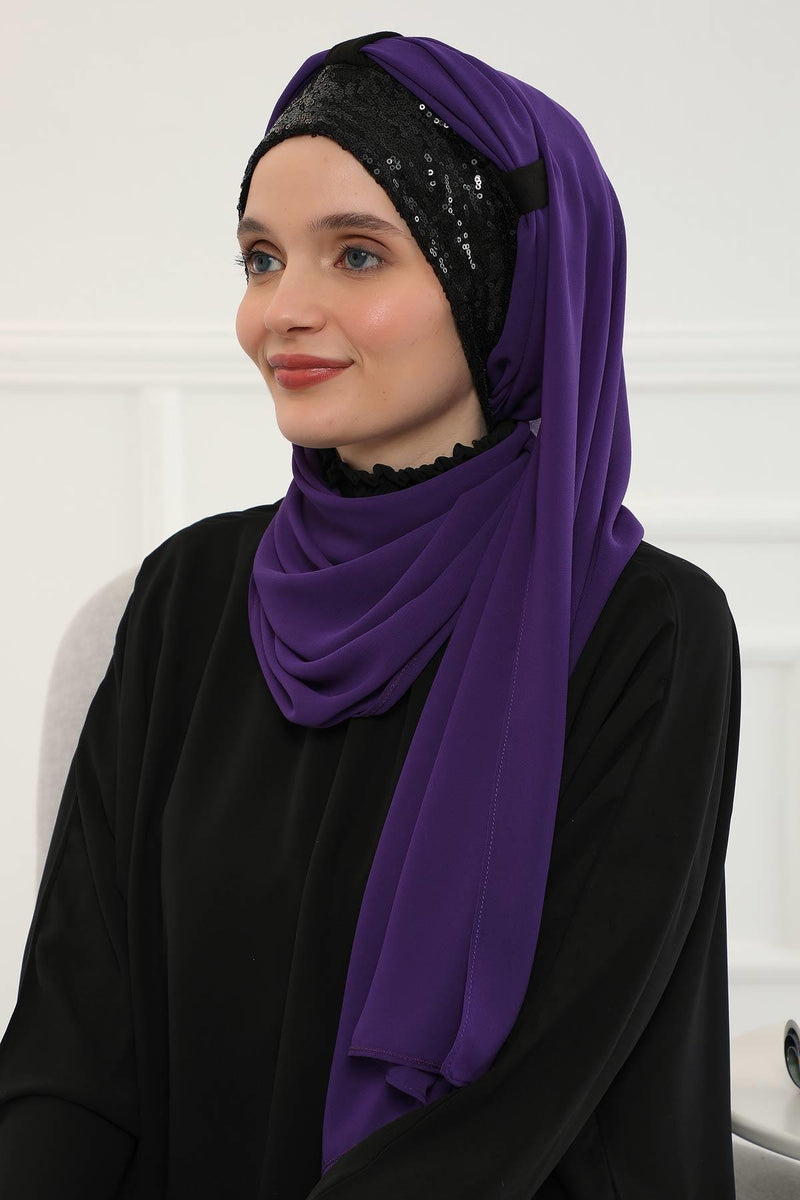 Instant Chiffon Shawl Elegant Ready to Wear Turban Head Wrap Scarf with Sequin Front Band,PBS-1P