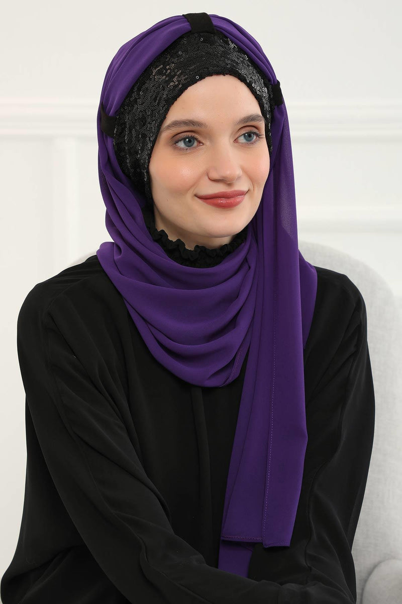 Instant Chiffon Shawl Elegant Ready to Wear Turban Head Wrap Scarf with Sequin Front Band,PBS-1P