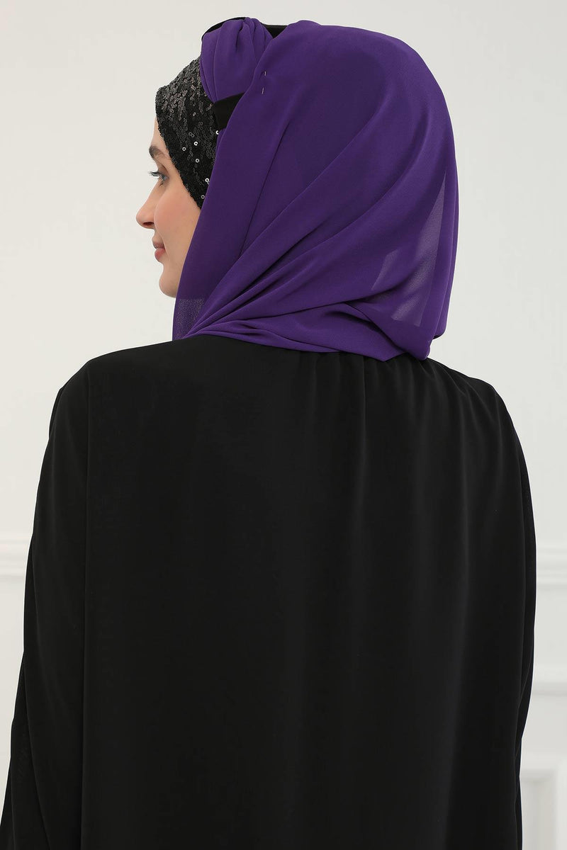 Instant Chiffon Shawl Elegant Ready to Wear Turban Head Wrap Scarf with Sequin Front Band,PBS-1P