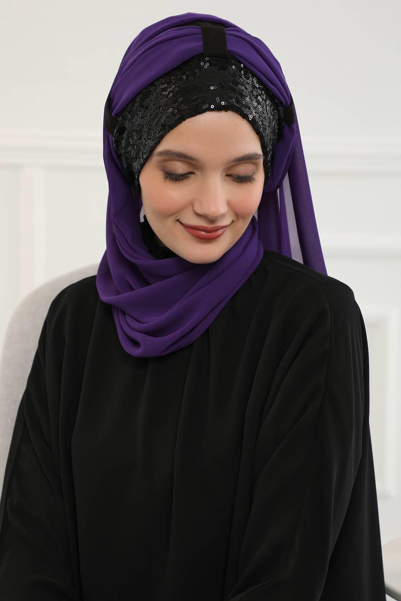 Instant Chiffon Shawl Elegant Ready to Wear Turban Head Wrap Scarf with Sequin Front Band,PBS-1P