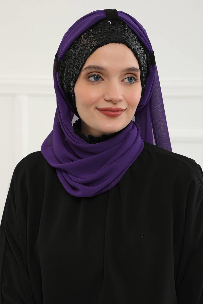 Instant Chiffon Shawl Elegant Ready to Wear Turban Head Wrap Scarf with Sequin Front Band,PBS-1P