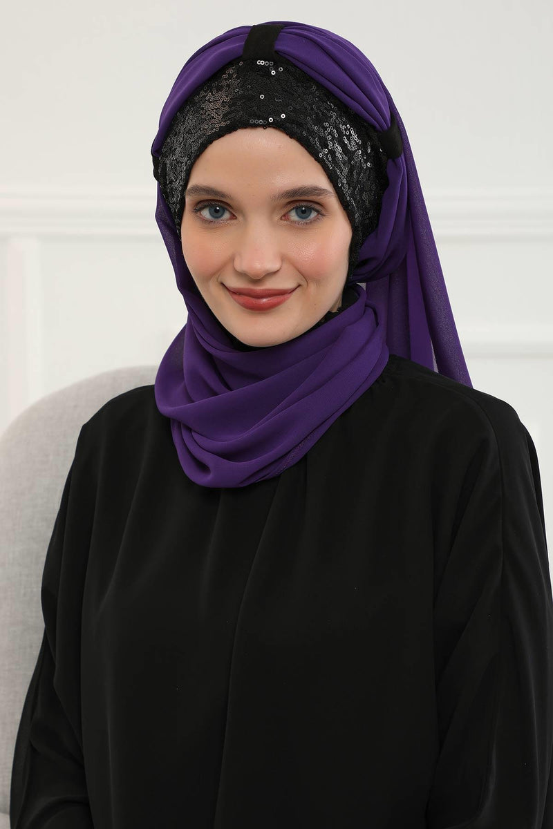 Instant Chiffon Shawl Elegant Ready to Wear Turban Head Wrap Scarf with Sequin Front Band,PBS-1P