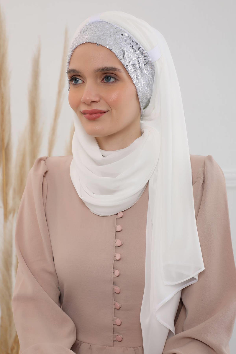 Instant Chiffon Shawl Elegant Ready to Wear Turban Head Wrap Scarf with Sequin Front Band,PBS-1P