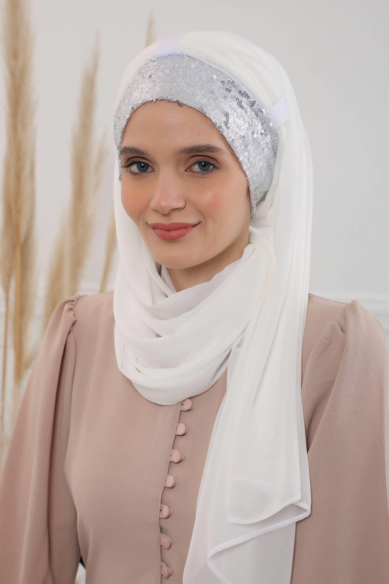 Instant Chiffon Shawl Elegant Ready to Wear Turban Head Wrap Scarf with Sequin Front Band,PBS-1P