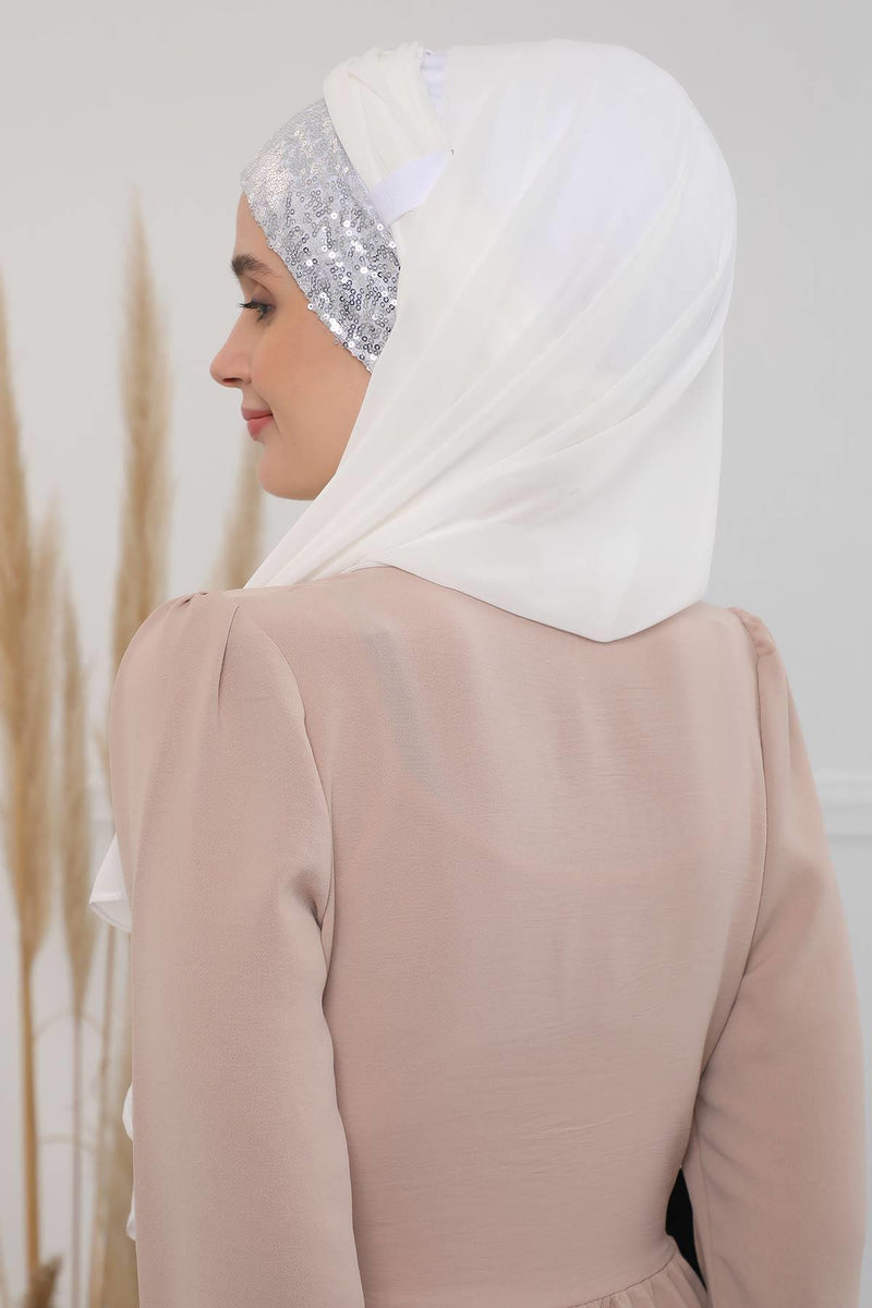 Instant Chiffon Shawl Elegant Ready to Wear Turban Head Wrap Scarf with Sequin Front Band,PBS-1P