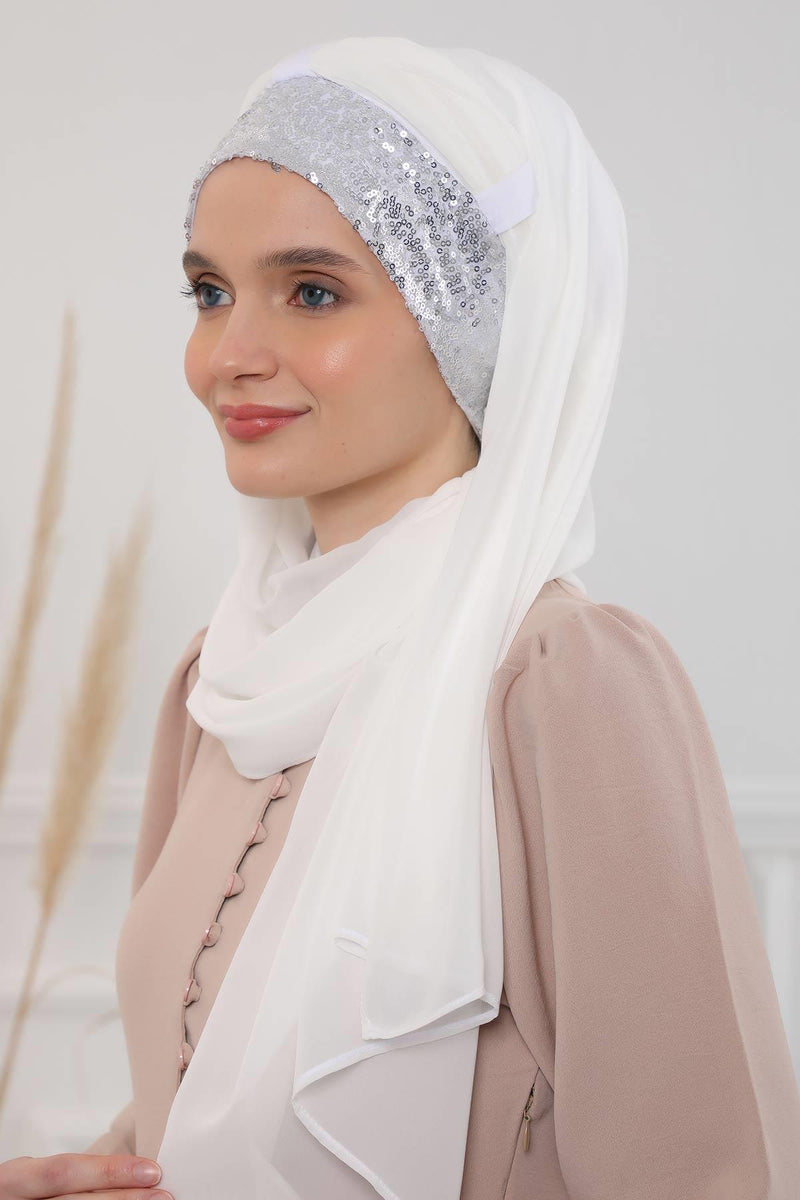 Instant Chiffon Shawl Elegant Ready to Wear Turban Head Wrap Scarf with Sequin Front Band,PBS-1P