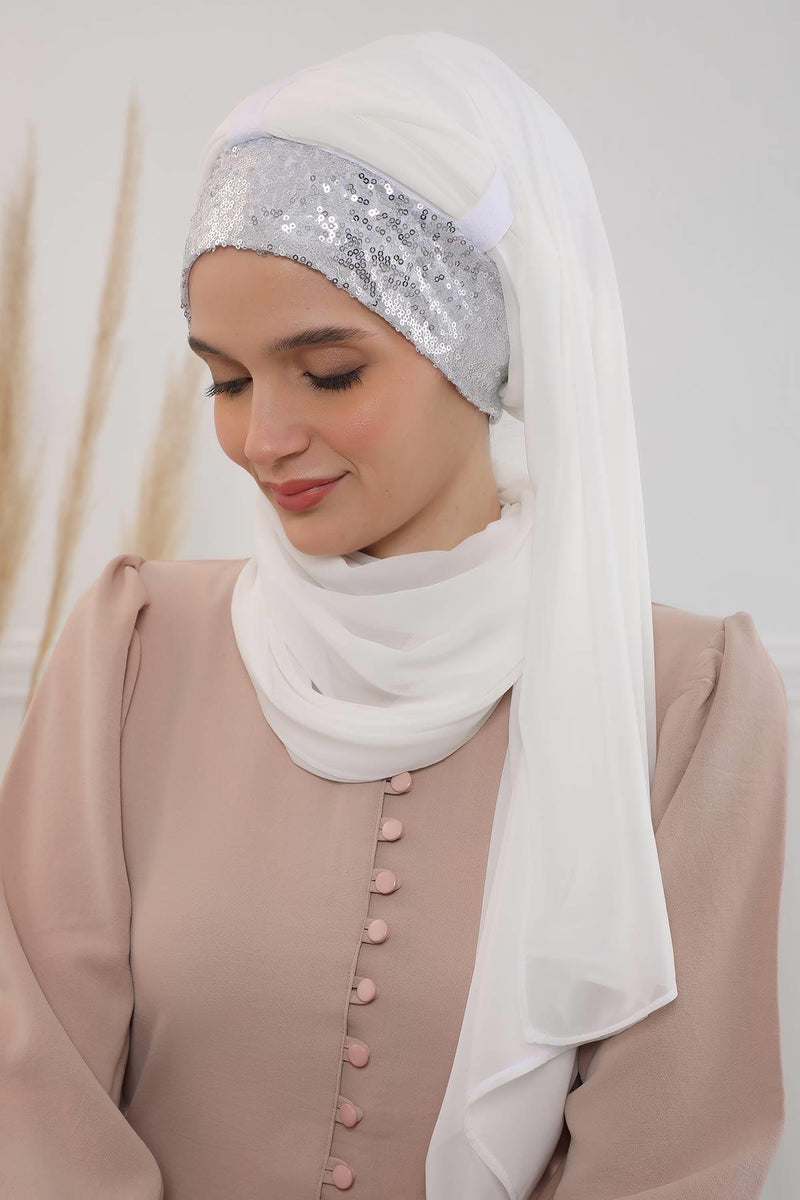 Instant Chiffon Shawl Elegant Ready to Wear Turban Head Wrap Scarf with Sequin Front Band,PBS-1P