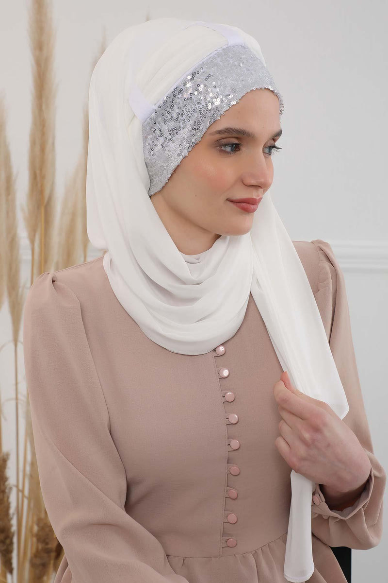 Instant Chiffon Shawl Elegant Ready to Wear Turban Head Wrap Scarf with Sequin Front Band,PBS-1P