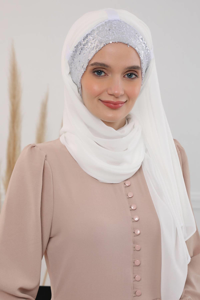 Instant Chiffon Shawl Elegant Ready to Wear Turban Head Wrap Scarf with Sequin Front Band,PBS-1P