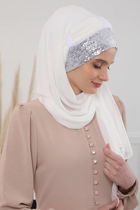Instant Chiffon Shawl Elegant Ready to Wear Turban Head Wrap Scarf with Sequin Front Band,PBS-1P