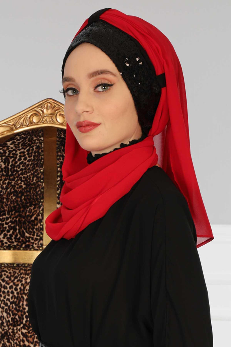 Instant Chiffon Shawl Elegant Ready to Wear Turban Head Wrap Scarf with Sequin Front Band,PBS-1P