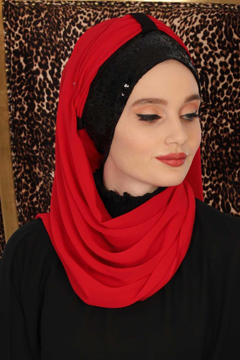Instant Chiffon Shawl Elegant Ready to Wear Turban Head Wrap Scarf with Sequin Front Band,PBS-1P