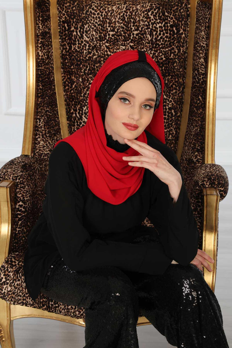 Instant Chiffon Shawl Elegant Ready to Wear Turban Head Wrap Scarf with Sequin Front Band,PBS-1P
