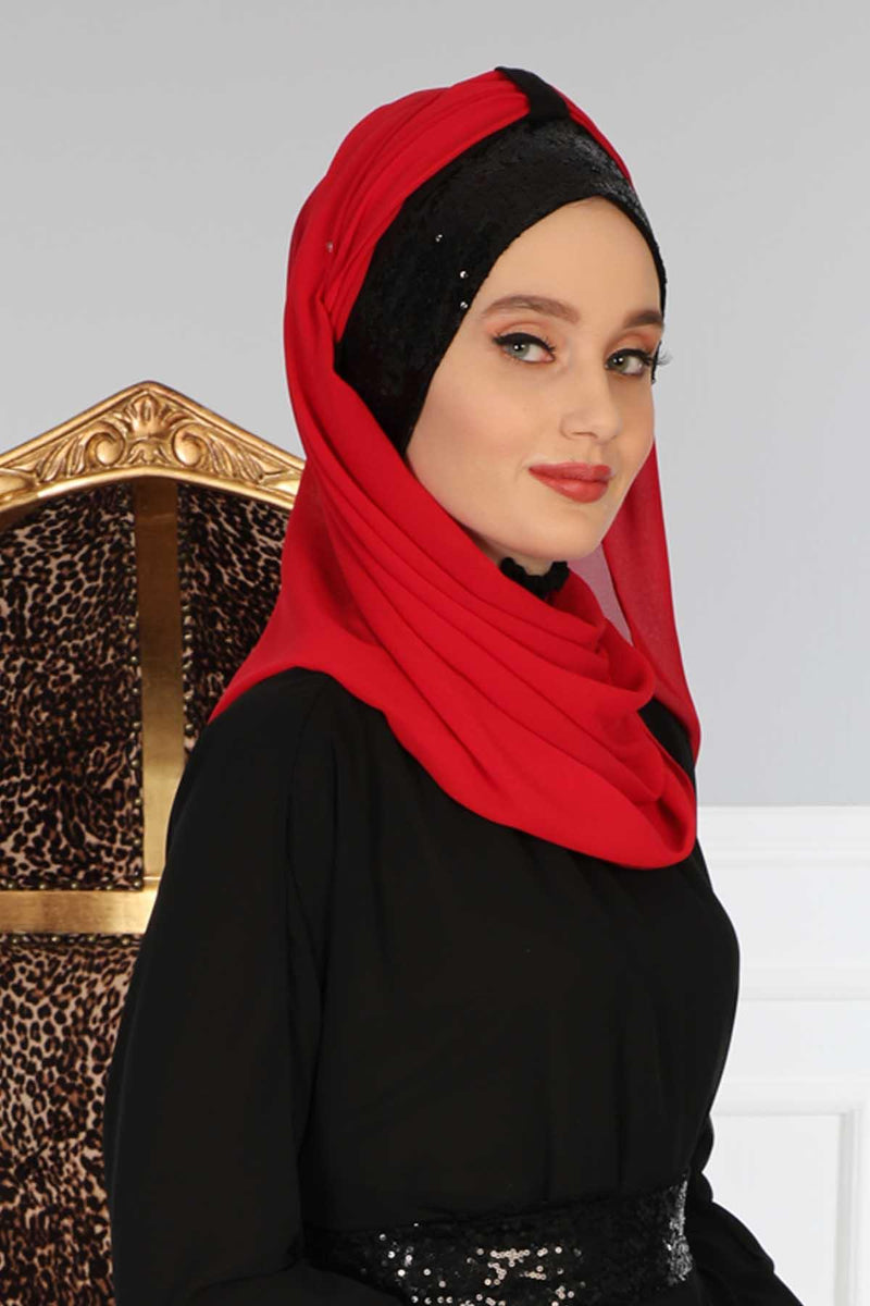 Instant Chiffon Shawl Elegant Ready to Wear Turban Head Wrap Scarf with Sequin Front Band,PBS-1P