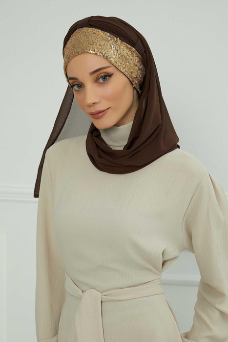 Instant Chiffon Shawl Elegant Ready to Wear Turban Head Wrap Scarf with Sequin Front Band,PBS-1P